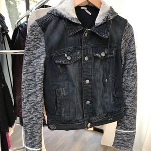 Free People distressed black denim hooded jacket
